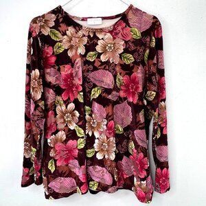 Cotswold Velvet Velour Top XL Burgundy Mauve Pink Floral Pullover Cottage Fairy